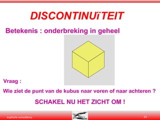 DISCONTINUï   TEIT   Betekenis : onderbreking in geheel Vraag :  Wie ziet de punt van de kubus naar voren of naar achteren ? SCHAKEL NU HET ZICHT OM ! 