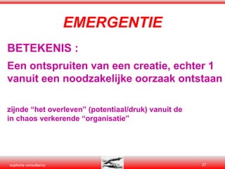 EMERGENTIE BETEKENIS : Een ontspruiten van een creatie, echter 1 vanuit een noodzakelijke oorzaak ontstaan  zijnde “het overleven” (potentiaal/druk) vanuit de  in chaos verkerende “organisatie” 