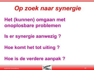Op zoek naar synergie Het (kunnen) omgaan met  onoplosbare problemen Is er synergie aanwezig ? Hoe komt het tot uiting ? Hoe is de verdere aanpak ? 
