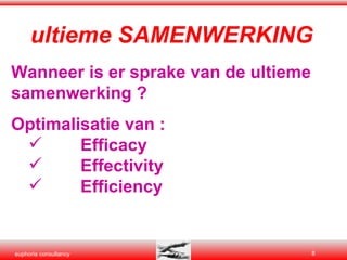 ultieme SAMENWERKING Wanneer is er sprake van de ultieme samenwerking ? Optimalisatie van :  Efficacy Effectivity Efficiency 