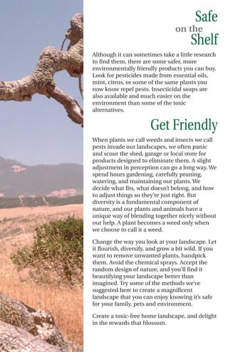 Safe
                                  on the
                                        Shelf
Although it can sometimes take a little research
to find them, there are some safer, more
environmentally friendly products you can buy.
Look for pesticides made from essential oils,
mint, citrus, or some of the same plants you
now know repel pests. Insecticidal soaps are
also available and much easier on the
environment than some of the toxic
alternatives.


                       Get Friendly
When plants we call weeds and insects we call
pests invade our landscapes, we often panic
and scour the shed, garage or local store for
products designed to eliminate them. A slight
adjustment in perception can go a long way. We
spend hours gardening, carefully pruning,
watering, and maintaining our plants. We
decide what fits, what doesn’t belong, and how
to adjust things so they’re just right. But
diversity is a fundamental component of
nature, and our plants and animals have a
unique way of blending together nicely without
our help. A plant becomes a weed only when
we choose to call it a weed.

Change the way you look at your landscape. Let
it flourish, diversify, and grow a bit wild. If you
want to remove unwanted plants, handpick
them. Avoid the chemical sprays. Accept the
random design of nature, and you’ll find it
beautifying your landscape better than
imagined. Try some of the methods we’ve
suggested here to create a magnificent
landscape that you can enjoy knowing it’s safe
for your family, pets and environment.

Create a toxic-free home landscape, and delight
in the rewards that blossom.
 