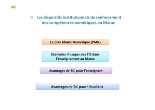 ฀ Les dispositifs institutionnels de renforcement
des compétences numériques au Maroc
Le plan Maroc Numérique (PMN)
Exemples d’usages des TIC dans
l’enseignement au Maroc
Avantages de TIC pour l’enseignant
Avantages de TIC pour l’étudiant
AL2
 