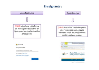 www.Taalim.ma
(2010) site d'une plateforme
de messagerie éducative en
ligne pour les étudiants et les
enseignants
Taalimtice.ma
(2012) Portail TICE qui comprend
des ressources numériques
indexées selon les programmes
scolaires et par niveau.
Enseignants :
 