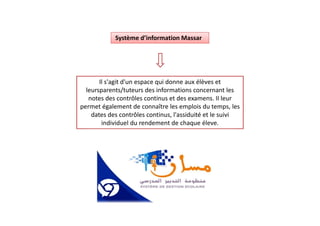 Système d’information Massar
Il s'agit d'un espace qui donne aux élèves et
leursparents/tuteurs des informations concernant les
notes des contrôles continus et des examens. II leur
permet également de connaître les emplois du temps, les
dates des contrôles continus, l'assiduité et le suivi
individuel du rendement de chaque éleve.
 