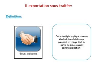 II-exportation sous-traitée:
Définition:
Cette stratégie implique la vente
via des intermédiaires qui
prennent en charge tout ou
partie du processus de
commercialisation ;
 