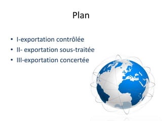 Plan
• I-exportation contrôlée
• II- exportation sous-traitée
• III-exportation concertée
 
