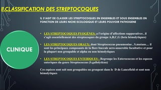 II.CLASSIFICATION DES STREPTOCOQUES
CLINIQUE
IL S’AGIT DE CLASSER LES STREPTOCOQUES EN ENSEMBLES ET SOUS ENSEMBLES EN
FONCTION DE LEURS NICHE ECOLOGIQUE ET LEURS POUVOIR PATHOGENE
• LES STREPTOCOQUES PYOGÈNES: a l’origine d’affections suppuratives , il
s’agit essentiellement des streptocoques du groupe A,B,C,G (beta hémolytiques)
• LES STREPTOCOQUES ORAUX: dont Streptococcus pneumoniae , S.mutans… il
sont les principaux composants de la flore buccale aero-anaerobie facultative et pour
la plupart non groupable et alpha ou non hémolytiques
• LES STREPTOCOQUES ENTERIQUES : Regroupe les Enterococcus et les especes
enteriques du genre Streptococcus (S.gallolyticus)
Ces espèces sont soit non groupables ou groupent dans le D de Lancefield et sont non
hémolytiques
 