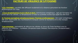 *Les TOXINES : secrétés elle diffusent localement et a distance perturbant les fonction
physiologiques de l’hôte
1)Les streptolysines O et S (SLO et SLS) :hémolysines antigénique , agit par formation de
pores dans les cellules. La Streptolysine O induit la synthèse d’anticrops applé les Anti-SLO
2) Toxines pyrogènes streptococciques (Toxines erythrogenes): role super-antigénique ,
elle sont responsable des manifestations toxiques comme la Scarlatine et le choc toxique
streptococcique
*Les enzymes : permettent de détruire les cellules et tissus de l’hote facilitant ainsi la
défection de l’infection : nucléases (Streptodornases DNAase) fibrinolysines (Streptokinase) ,
hyaluronidase …
FACTEURS DE VIRULENCE DE S.PYOGENES
 