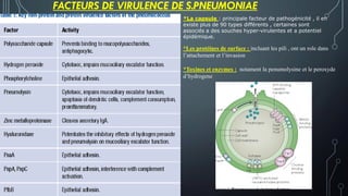 FACTEURS DE VIRULENCE DE S.PNEUMONIAE
*La capsule : principale facteur de pathogénicité , il en
existe plus de 90 types différents , certaines sont
associés a des souches hyper-virulentes et a potentiel
épidémique.
*Les protéines de surface : incluant les pili , ont un role dans
l’attachement et l’invasion
*Toxines et enzymes : notament la penumolysine et le peroxyde
d’hydrogene
 