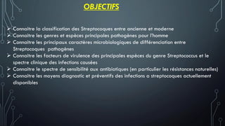 OBJECTIFS
➢ Connaitre la classification des Streptocoques entre ancienne et moderne
➢ Connaitre les genres et espèces principales pathogènes pour l’homme
➢ Connaitre les principaux caractères microbiologiques de différenciation entre
Streptocoques pathogènes
➢ Connaitre les facteurs de virulence des principales espèces du genre Streptococcus et le
spectre clinique des infections causées
➢ Connaitre le spectre de sensibilité aux antibiotiques (en particulier les résistances naturelles)
➢ Connaitre les moyens diagnostic et préventifs des infections a streptocoques actuellement
disponibles
 