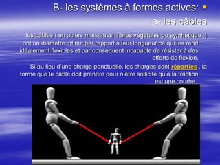 B- les systèmes à formes actives:
a- les câbles
les câbles ( en aciers mais aussi fibres végétales ou synthétique )
ont un diamètre infime par rapport à leur longueur ce qui les rend
idéalement flexibles et par conséquent incapable de résister à des
efforts de flexion.
Si au lieu d’une charge ponctuelle, les charges sont réparties , la
forme que le câble doit prendre pour n’être sollicité qu’à la traction
est une courbe.
 