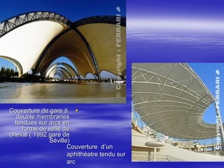 Couverture d’un
aphithéatre tendu sur
arc
Couverture de gare à
double membranes
tendues sur arcs en
forme de selle de
cheval ( 1992 gare de
Séville)
 