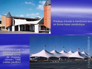Prédeau d’école à membrane tend
en forme heper parabolique
Couverture d’une
tribune en multi
cônes en forme
de chapeau
chinois ( 1996
Ladies pavillon)
 