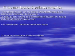 C- les membranes à surfaces portantes
Leur principe repose sur une autre de précontrainte celle qui est
obtenue par l’intervention de la pression .
Le milieu qui est à l’origine de la stabilisation est souvent l’air ; mais ça
peut être également un liquide (l’eau) .
1- La classification : structure à membranes simple
2- structure à membranes double ou multiples
 