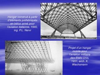 Hangar construit à partir
d’éléments préfabriqués
en béton armé pour
l’aviation italienne, 1940,
ing. P.L. Nervi
Projet d’un hangar
mobile pour
l’aviation militaire
des Etats-Unis,
1951, arch. K.
Wachsmann
 