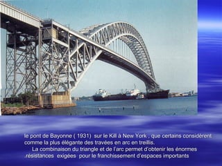 le pont de Bayonne ( 1931) sur le Kill à New York , que certains considèrentle pont de Bayonne ( 1931) sur le Kill à New York , que certains considèrent
comme la plus élégante des travées en arc en treillis.comme la plus élégante des travées en arc en treillis.
La combinaison du triangle et de l’arc permet d’obtenir les énormesLa combinaison du triangle et de l’arc permet d’obtenir les énormes
résistances exigées pour le franchissement d’espaces importantsrésistances exigées pour le franchissement d’espaces importants..
 