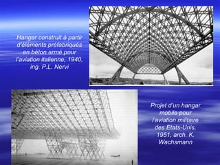 Hangar construit à partir
d’éléments préfabriqués
en béton armé pour
l’aviation italienne, 1940,
ing. P.L. Nervi
Projet d’un hangar
mobile pour
l’aviation militaire
des Etats-Unis,
1951, arch. K.
Wachsmann
 