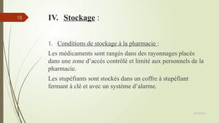 09/02/2025
15 IV. Stockage :
1. Conditions de stockage à la pharmacie :
Les médicaments sont rangés dans des rayonnages placés
dans une zone d’accès contrôlé et limité aux personnels de la
pharmacie.
Les stupéfiants sont stockés dans un coffre à stupéfiant
fermant à clé et avec un système d’alarme.
 