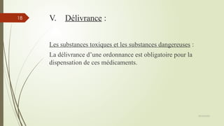 09/02/2025
18 V. Délivrance :
Les substances toxiques et les substances dangereuses :
La délivrance d’une ordonnance est obligatoire pour la
dispensation de ces médicaments.
 
