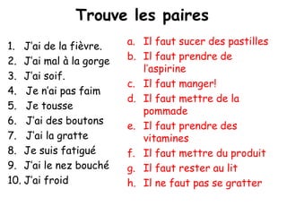 Trouve les paires
1. J’ai de la fièvre.    a. Il faut sucer des pastilles
2. J’ai mal à la gorge   b. Il faut prendre de
                            l’aspirine
3. J’ai soif.
                         c. Il faut manger!
4. Je n’ai pas faim
                         d. Il faut mettre de la
5. Je tousse                pommade
6. J’ai des boutons      e. Il faut prendre des
7. J’ai la gratte           vitamines
8. Je suis fatigué       f. Il faut mettre du produit
9. J’ai le nez bouché    g. Il faut rester au lit
10. J’ai froid           h. Il ne faut pas se gratter
 