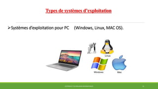 SYSTÈMES ET TECHNOLOGIES INFORMATIQUES 11
Systèmes d’exploitation pour PC (Windows, Linux, MAC OS).
Types de systèmes d’exploitation
 