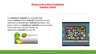 SYSTÈMES ET TECHNOLOGIES INFORMATIQUES 35
Découverte des système d’exploitation
EmulateurAndroid
Un émulateur Android est un périphérique
virtuel Android (AVD, Android Virtual Device) qui
représente un périphérique Android spécifique. Vous
pouvez utiliser un émulateur Android en tant que plate-
forme cible pour exécuter et tester vos
applications Android sur votre PC.
 