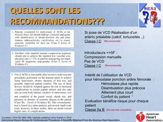 QUELLES SONT LES
RECOMMANDATIONS???
Si pose de VCD Réalisation d’un
artério préalable (calcif, tortuosités ..)
Classe I C (Recommandé)
Introducteurs <=5F :
Compression manuelle
Pas de VCD
Classe I C (Recommandé)
Intérêt de l’utilisation de VCD
pour hémostase ponction artère fémorale :
Hémostase plus rapide
Déambulation plus précoce
Alitement plus court
Confort du patient
Evaluation bénéfice risque pour chaque
patient
Classe IIa B (Devrait être considéré)
Circulation. 2010;122:1882-1893; originally published online October 4, 2010;
Arteriotomy Closure Devices for Cardiovascular Procedures: A Scientific Statement From the American Heart Association

 
