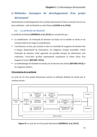 Chapitre 1 :L’informatique décisionnelle
14
6. Méthodes classiques de développement d’un projet
décisionnel
Généralement, le développement d’un système décisionnel se fait en suivant l’une de ces
deux méthodes : celle de Kimball ou celle d’Inmon [GOEDE et al, 2010].
6.1. La méthode de Kimball
La méthode de Kimball [KIMBALL et al, 2013] est caractérisée par :
 La modélisation de l’entrepôt de données est basée sur le modèle en étoile et ses
variantes (flocon de neige et constellation).
 L’architecture en bus, qui consiste à créer un ensemble de magasins de données liés
à chaque département de l’entreprise, ces magasins, lorsque assemblés, créent
l’entrepôt de données. Cette approche est possible lorsque les dimensions sont
conformes, c’est-à-dire qu’elles représentent exactement la même chose d’un
magasin à l’autre. [RIVARD 2012]
 La méthodologie de Kimball est menée par les besoins des clients [RIVARD 2012] et
les exigences métiers.
Présentation de la méthode
Le cycle de vie d’un projet décisionnel suivant la méthode Kimball est donné par le
schéma suivant :
Figure 8: Le cycle de vie d’un projet décisionnel [KIMBALL et al, 2013]
 