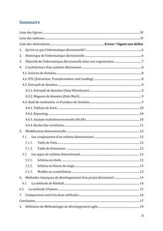 II
Sommaire
Liste des figures .............................................................................................................................................IV
Liste des tableaux..........................................................................................................................................IV
Liste des abréviations..............................................................................Erreur ! Signet non défini.
1. Qu’est-ce que l’informatique décisionnelle? ................................................................................6
2. Historique de l’informatique décisionnelle..................................................................................6
3. Objectifs de l’informatique décisionnelle dans une organisation........................................7
4. L’architecture d’un système décisionnel.......................................................................................8
4.1. Sources de données............................................................................................................................8
4.2. ETL (Extraction, Transformation and Loading) .....................................................................8
4.3. Entrepôt de données .........................................................................................................................9
4.3.1. Entrepôt de données (Data Warehouse)...........................................................................9
4.3.2. Magasin de données (Data Mart)..........................................................................................9
4.4. Outil de restitution et d’analyse de données...........................................................................9
4.4.1. Tableau de bord........................................................................................................................10
4.4.2. Reporting ....................................................................................................................................10
4.4.3. Analyse multidimensionnelle (OLAP)..............................................................................10
4.4.4. Recherche corrélative............................................................................................................11
5. Modélisation dimensionnelle..........................................................................................................12
5.1. Les composantes d’un schéma dimensionnel..................................................................12
5.1.1. Table de Faits.......................................................................................................................12
5.1.2. Table de Dimension : ........................................................................................................12
5.2. Les types de schéma dimensionnel......................................................................................12
5.2.1. Schéma en étoile.................................................................................................................12
5.2.2. Schéma en flocon de neige..............................................................................................13
5.2.3. Modèle en constellation...................................................................................................13
6. Méthodes classiques de développement d’un projet décisionnel ....................................14
6.1. La méthode de Kimball.............................................................................................................14
6.2. La méthode d’Inmon ......................................................................................................................15
7. Comparaison entre les deux méthodes.......................................................................................16
Conclusion.......................................................................................................................................................17
1. Définition de Méthodologie de développement agile............................................................19
 