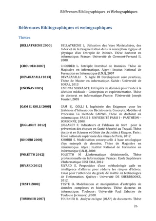 Références Bibliographiques et Webographiques
26
Références Bibliographiques et webographiques
Thèses
[BELLATRECHE 2000] BELLATRECHE L. Utilisation des Vues Matérialisées, des
Index et de la Fragmentation dans la conception logique et
physique d’un Entrepôt de Donnée. Thèse doctorat en
informatique. France : Université de Clermont-Ferrand II,
2000
[CHOUDER 2007] CHOUDER L. Entrepôt Distribué de Données. Thèse de
Magistère en informatique. Alger : Institut National de
Formation en Informatique (I.N.I), 2007
[DEVARAPALLI 2013] DEVARAPALLI S. Agile BI Development core practices,
Thèse de Master en informatique. Suède : Université de
BORAS, 2013
[ENCINAS 2005] ENCINAS SERNA M.T. Entrepôts de données pour l’aide à la
décision médicale : Conception et expérimentation. Thèse
de doctorat en informatique. France: l’Université Joseph
Fourier, 2005
[GAM EL GOLLI 2008] GAM EL GOLLI I. Ingénierie des Exigences pour les
Systèmes d’Information Décisionnels: Concepts, Modèles et
Processus La méthode CADWE. Thèse de doctorat en
informatique. PARIS I : UNIVERSITÉ PARIS I – PANTHÉON –
SORBONNE, 2008.
[JUGLARET 2012] JUGLARET F. Indicateurs et Tableaux de Bord pour la
prévention des risques en Santé-Sécurité au Travail. Thèse
doctorat en Sciences et Génie des Activités à Risques. Paris :
École nationale supérieure des mines de Paris, 2012
[KHOURI 2008] KHOURI S. Modélisation conceptuelle à base ontologique
d’un entrepôt de données. Thèse de Magistère en
informatique. Alger : Institut National de Formation en
Informatique (I.N.I), 2008
[POLETTO 2012] POLETTO M .L’informatique décisionnelle. Thèse
professionnelle en Informatique. France : Ecole Supérieure
d’Informatique CESI EXIA, 2012
[RIVARD 2012] RIVARD E. Proposition d’une méthodologie agile en
intelligence d’affaires pour réduire les risques d’échecs.
Essai pour l’obtention du grade de maître en technologies
de l’information. Québec : Université DE SHERBROOKE,
2012.
[TESTE 2000] TESTE O. Modélisation et manipulation d'entrepôts de
données complexes et historisées. Thèse doctorat en
informatique. Toulouse : Université Paul Sabatier de
Toulouse (sciences) ,2000
[TOURNIER 2007] TOURNIER R. Analyse en ligne (OLAP) de documents. Thèse
 