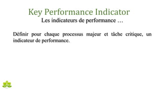 Key Performance Indicator
Les indicateurs de performance …
Définir pour chaque processus majeur et tâche critique, un
indicateur de performance.
 