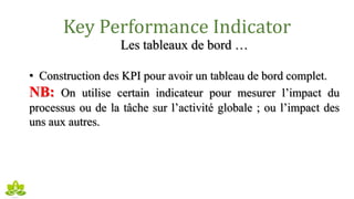 Key Performance Indicator
Les tableaux de bord …
• Construction des KPI pour avoir un tableau de bord complet.
NB: On utilise certain indicateur pour mesurer l’impact du
processus ou de la tâche sur l’activité globale ; ou l’impact des
uns aux autres.
 