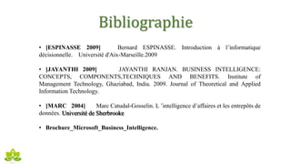 Bibliographie
• [ESPINASSE 2009] Bernard ESPINASSE. Introduction à l’informatique
décisionnelle. Université d'Aix-Marseille.2009
• [JAYANTHI 2009] JAYANTHI RANJAN. BUSINESS INTELLIGENCE:
CONCEPTS, COMPONENTS,TECHNIQUES AND BENEFITS. Institute of
Management Technology, Ghaziabad, India. 2009. Journal of Theoretical and Applied
Information Technology.
• [MARC 2004] Marc Catudal-Gosselin. L ’intelligence d’affaires et les entrepôts de
données. Université de Sherbrooke
• Brochure_Microsoft_Business_Intelligence.
 