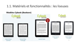 1.1. Matériels et fonctionnalités : les liseuses
Modèles Cybook (Bookeen)
18
 