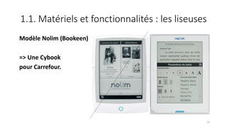 1.1. Matériels et fonctionnalités : les liseuses
Modèle Nolim (Bookeen)
=> Une Cybook
pour Carrefour.
19
 