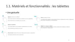 1.1. Matériels et fonctionnalités : les tablettes
• Une gestuelle
26
 