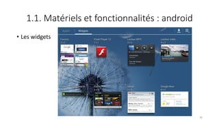 1.1. Matériels et fonctionnalités : android
• Les widgets
36
 