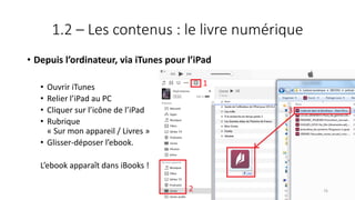 1.2 – Les contenus : le livre numérique
• Depuis l’ordinateur, via iTunes pour l’iPad
• Ouvrir iTunes
• Relier l’iPad au PC
• Cliquer sur l’icône de l’iPad
• Rubrique
« Sur mon appareil / Livres »
• Glisser-déposer l’ebook.
L’ebook apparaît dans iBooks !
76
 