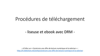 Procédures de téléchargement
- liseuse et ebook avec DRM -
+ d’infos sur « Construire une offre de lecture numérique et la valoriser » :
http://fr.slideshare.net/zerby/construire-une-offre-de-lecture-numrique-et-la-valoriser
 
