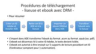 Procédures de téléchargement
- liseuse et ebook avec DRM -
• Pour résumer
Créer un ID
Adobe et
installer ADE
Relier cet ID à
ADE et à la
liseuse
Importer un
ebook DRMisé
dans ADE
Transférer
l’ebook vers
la liseuse
• L’import dans ADE transforme l’ebook du format .acsm au format .epub (ou .pdf).
• L’ebook est désormais lié à votre ID Adobe, le texte devient lisible.
• L’ebook est autorisé à être envoyé sur 5 supports de lecture possédant cet ID
(l’ordinateur comptant pour 1 autorisation).
 