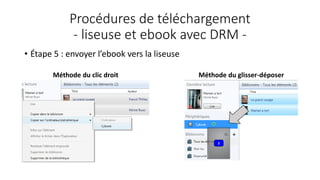 Procédures de téléchargement
- liseuse et ebook avec DRM -
• Étape 5 : envoyer l’ebook vers la liseuse
Méthode du clic droit Méthode du glisser-déposer
 