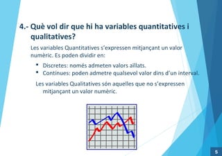 5
4.- Què vol dir que hi ha variables quantitatives i
qualitatives?
Les variables Quantitatives s’expressen mitjançant un valor
numèric. Es poden dividir en:
 Discretes: només admeten valors aïllats.
 Contínues: poden admetre qualsevol valor dins d’un interval.
Les variables Qualitatives són aquelles que no s’expressen
mitjançant un valor numèric.
 