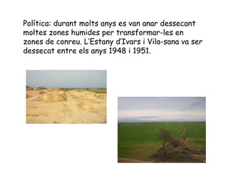 Política: durant molts anys es van anar dessecant moltes zones humides per transformar-les en zones de conreu. L’Estany d’Ivars i Vila-sana va ser dessecat entre els anys 1948 i 1951. 