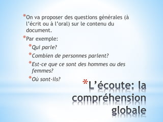 *
*On va proposer des questions générales (à
l’écrit ou à l’oral) sur le contenu du
document.
*Par exemple:
*Qui parle?
*Combien de personnes parlent?
*Est-ce que ce sont des hommes ou des
femmes?
*Où sont-ils?
 