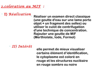 2.coloration au MIF  :

   I) Réalisation
                        Réaliser un examen direct classique
                         (une goutte d'eau sur une lame porte
                         objet + un fragment des selles) ou
                         utiliser le culot de centrifugation
                         d'une technique de concentration.
                         Rajouter une goutte de MIF
                         (Merthiolate, Iode, Formol)

         II) Intérêt
                          elle permet de mieux visualiser
                          certains élément d’identification,
                          le cytoplasme est coloré en
                          rouge et les structures nucléaire
                          en rouge sombre ou noire
 