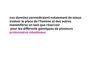 ces données permettraient notamment de mieux
évaluer la place de l’homme et des autres
mammifères en tant que réservoir
pour les différents génotypes de plusieurs
protozoaires intestinaux.
 