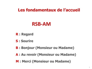 5
RSB-AM
R : Regard
S : Sourire
B : Bonjour (Monsieur ou Madame)
A : Au revoir (Monsieur ou Madame)
M : Merci (Monsieur ou Madame)
Les fondamentaux de l’accueil
 