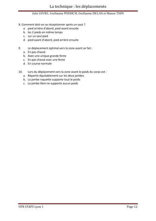 La technique : les déplacements
Julie GIVRE, Guillaume POSSICH, Guillaume DELAS et Manon THIN
UFR STAPS Lyon 1 Page 12
8. Comment doit-on se réceptionner après un saut ?
a. pied arrière d’abord, pied avant ensuite
b. les 2 pieds en même temps
c. sur un seul pied
d. pied avant d’abord, pied arrière ensuite
9. Le déplacement optimal vers la zone avant se fait :
a. En pas chassé
b. Avec une unique grande fente
c. En pas chassé avec une fente
d. En course normale
10. Lors du déplacement vers la zone avant le poids du corps est :
a. Répartie équitablement sur les deux jambes
b. La jambe raquette supporte tout le poids
c. La jambe libre ne supporte aucun poids
 
