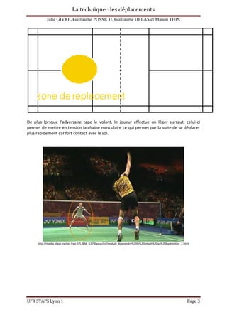 La technique : les déplacements
Julie GIVRE, Guillaume POSSICH, Guillaume DELAS et Manon THIN
UFR STAPS Lyon 1 Page 3
De plus lorsque l’adversaire tape le volant, le joueur effectue un léger sursaut, celui-ci
permet de mettre en tension la chaine musculaire ce qui permet par la suite de se déplacer
plus rapidement car fort contact avec le sol.
http://media.staps.nantes.free.fr/L3EM_G1/Waque/co/module_Apprendre%20le%20smash%20au%20badminton_2.html
 