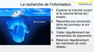 1. Explorer le marché ouvert
et le marché fermé de l’
emploi.
2. Répondre aux annonces
dans les journaux et sur
internet.
3. Visiter régulièrement les
entreprises de placement
4. Relancer régulièrement
les membres de votre
réseau.
La recherche de l’information.
 
